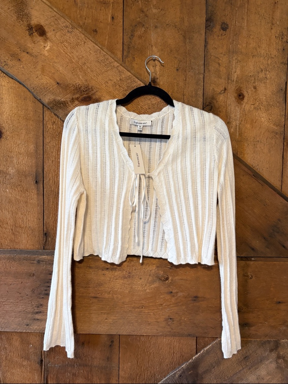 Francesca's Collections Cream Ribbed Tie-Front Crop Top